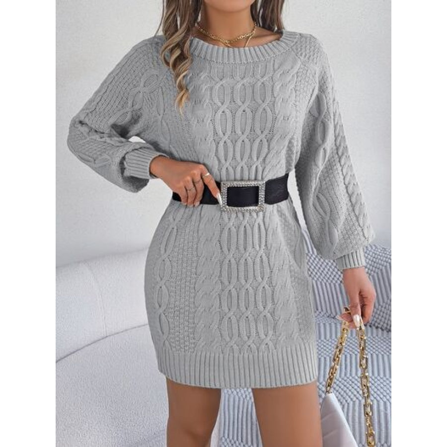 Cable-Knit Round Neck Sweater Dress Light Gray / S Apparel and Accessories