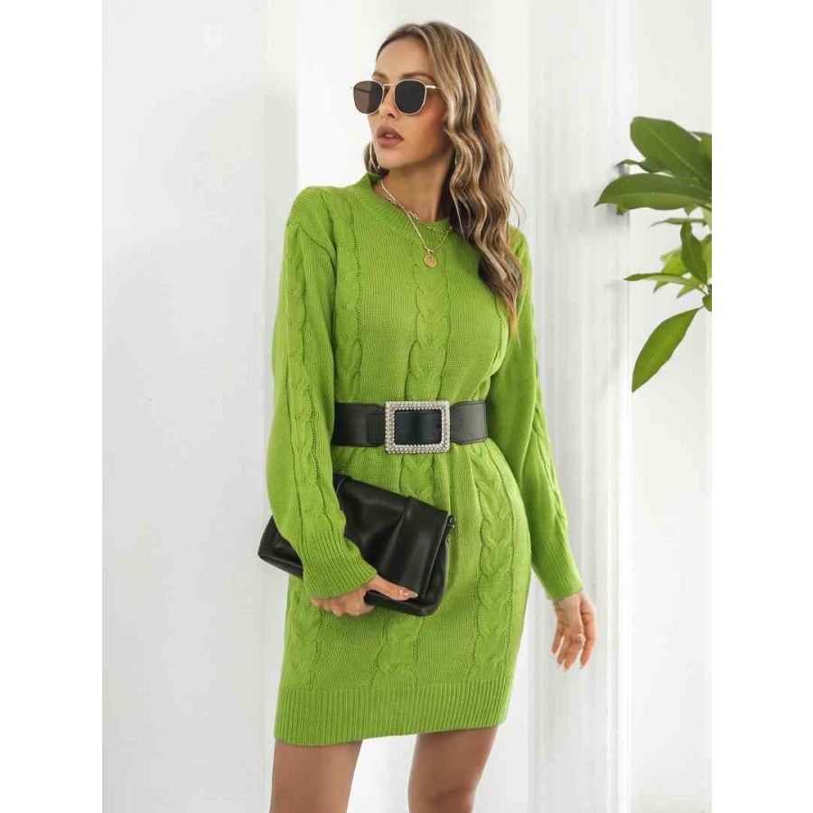 Cable-Knit Round Neck Sweater Dress Lime / S