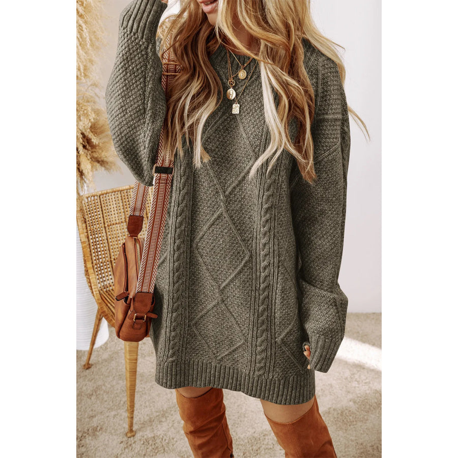 Cable-Knit Round Neck Sweater Dress Sage / S Apparel and Accessories