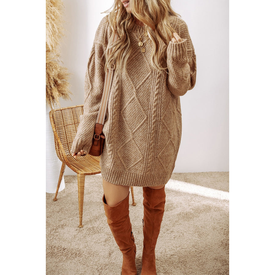 Cable-Knit Round Neck Sweater Dress Tan / S Apparel and Accessories