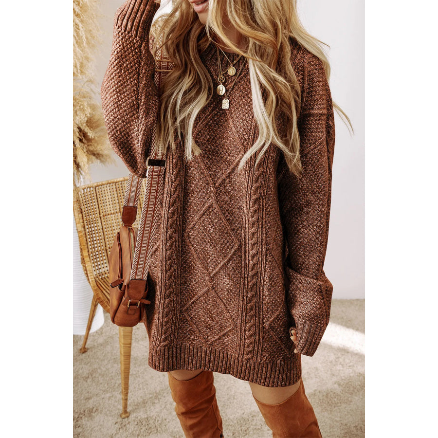 Cable-Knit Round Neck Sweater Dress Taupe / L Apparel and Accessories