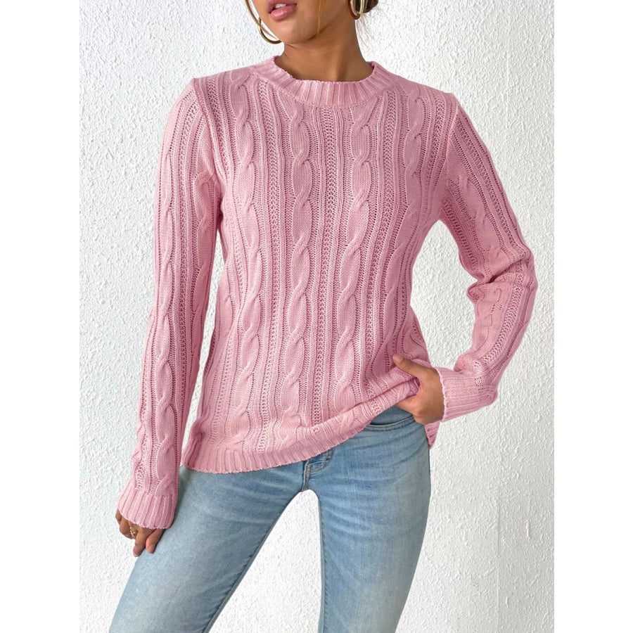 Cable-Knit Round Neck Sweater Dusty Pink / S Apparel and Accessories