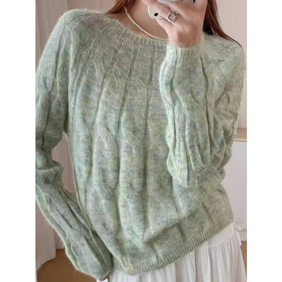 Cable-Knit Round Neck Sweater Green / One Size Apparel and Accessories