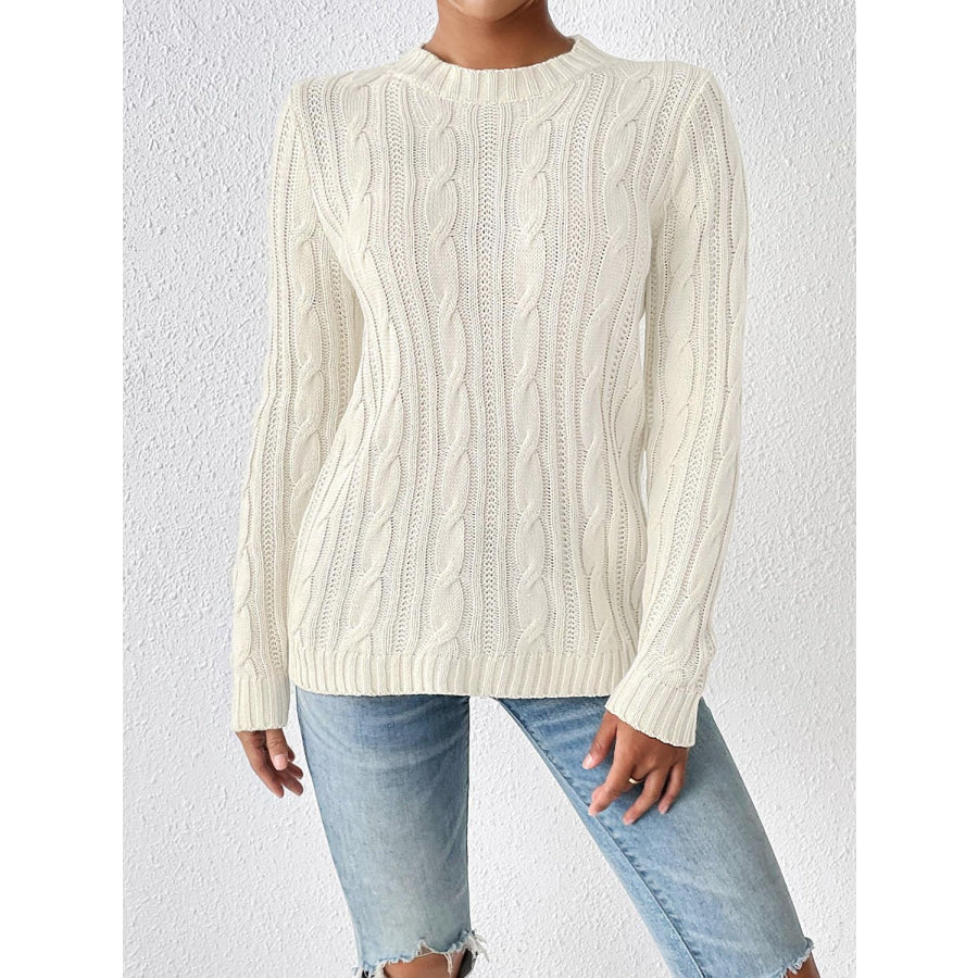 Cable-Knit Round Neck Sweater Ivory / S Apparel and Accessories