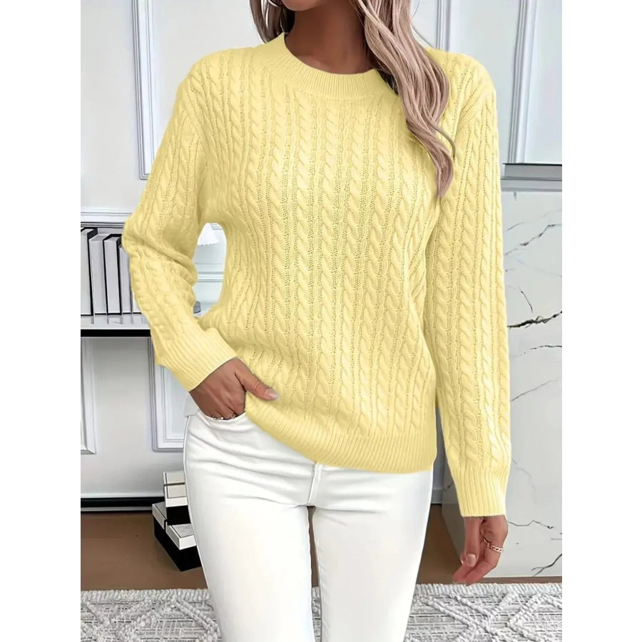 Cable Knit Round Neck Sweater Pastel Yellow / S Apparel and Accessories