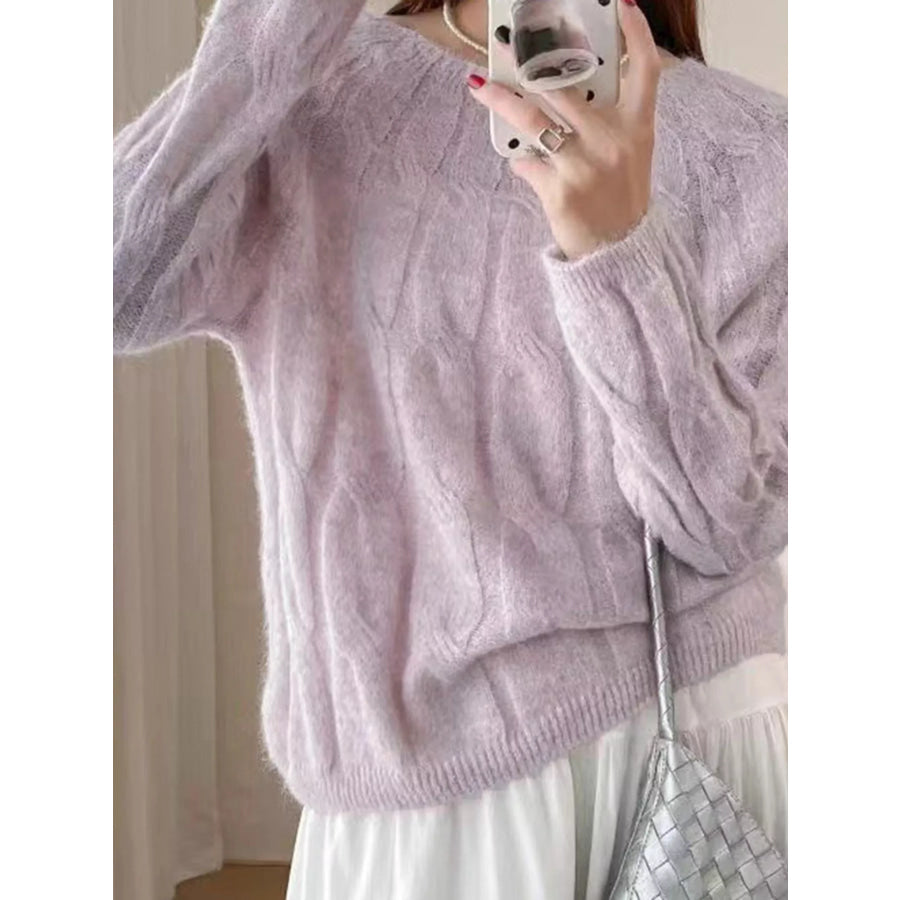 Cable-Knit Round Neck Sweater Pink / One Size Apparel and Accessories