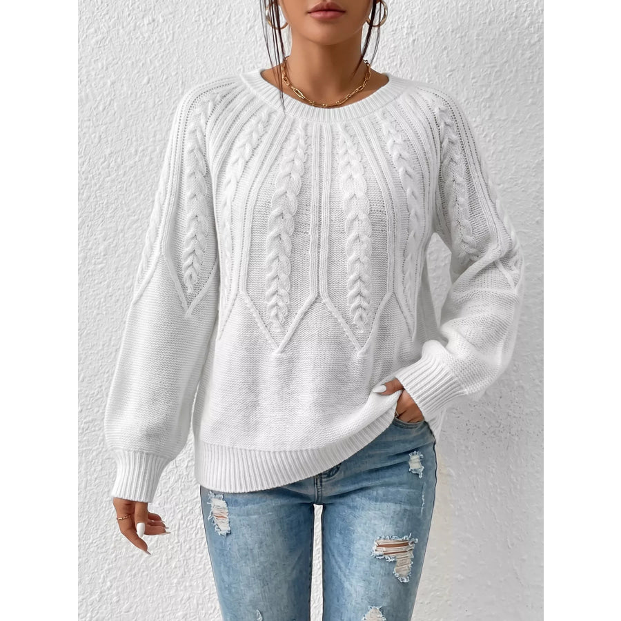 Cable-Knit Round Neck Sweater White / S Apparel and Accessories