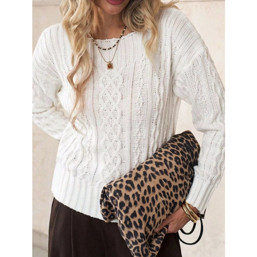 Cable-Knit Round Neck Sweater White / S Apparel and Accessories