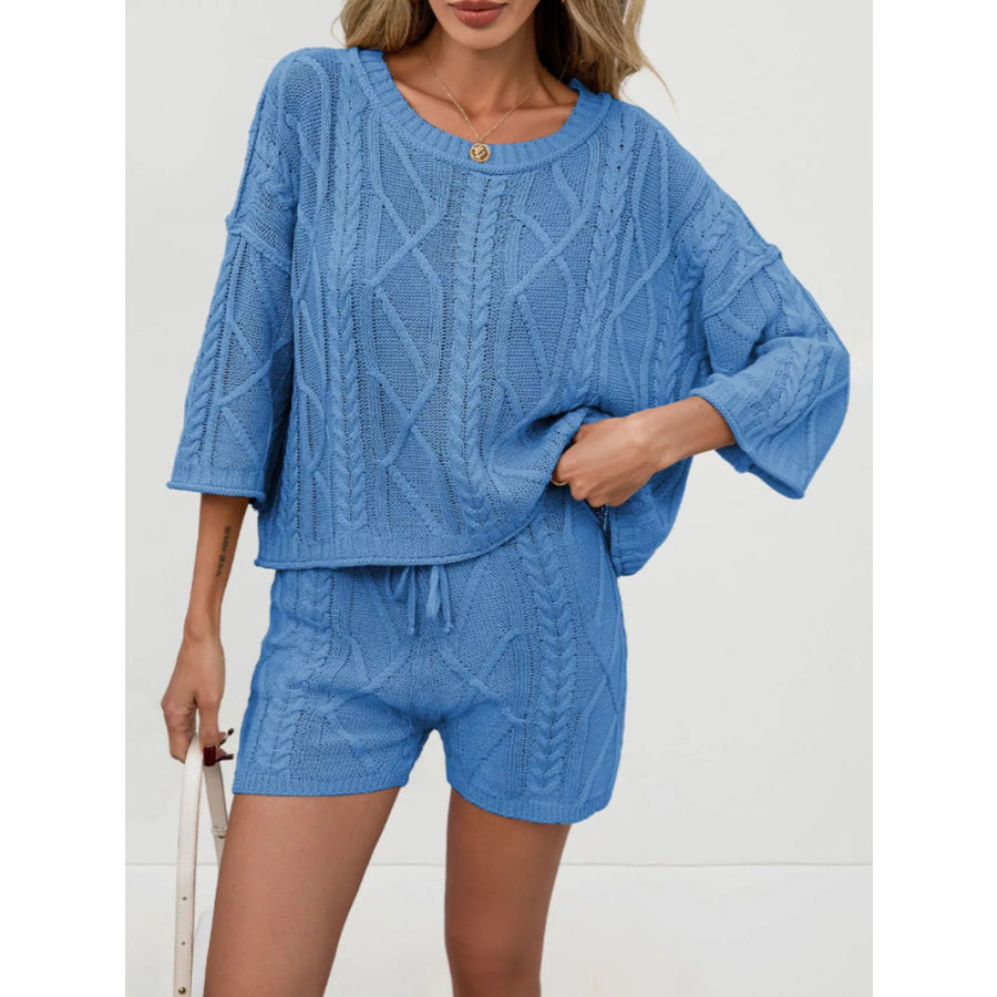 Cable Knit Round Neck Top and Shorts Sweater Set Apparel and Accessories