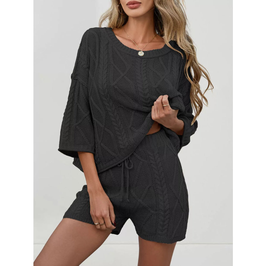 Cable Knit Round Neck Top and Shorts Sweater Set Apparel and Accessories