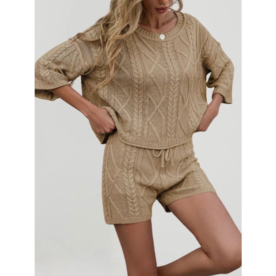 Cable Knit Round Neck Top and Shorts Sweater Set Apparel and Accessories