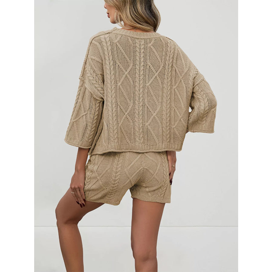Cable Knit Round Neck Top and Shorts Sweater Set Apparel and Accessories