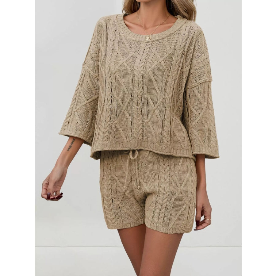Cable Knit Round Neck Top and Shorts Sweater Set Apparel and Accessories
