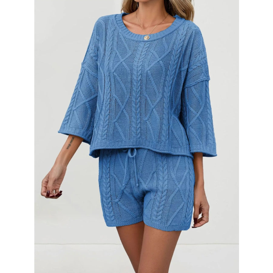 Cable Knit Round Neck Top and Shorts Sweater Set Blue / S Apparel and Accessories