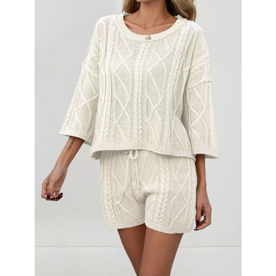 Cable Knit Round Neck Top and Shorts Sweater Set Cream / S Apparel and Accessories