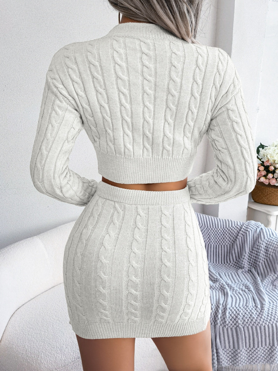 Cable-Knit Round Neck Top and Skirt Sweater Set Apparel and Accessories