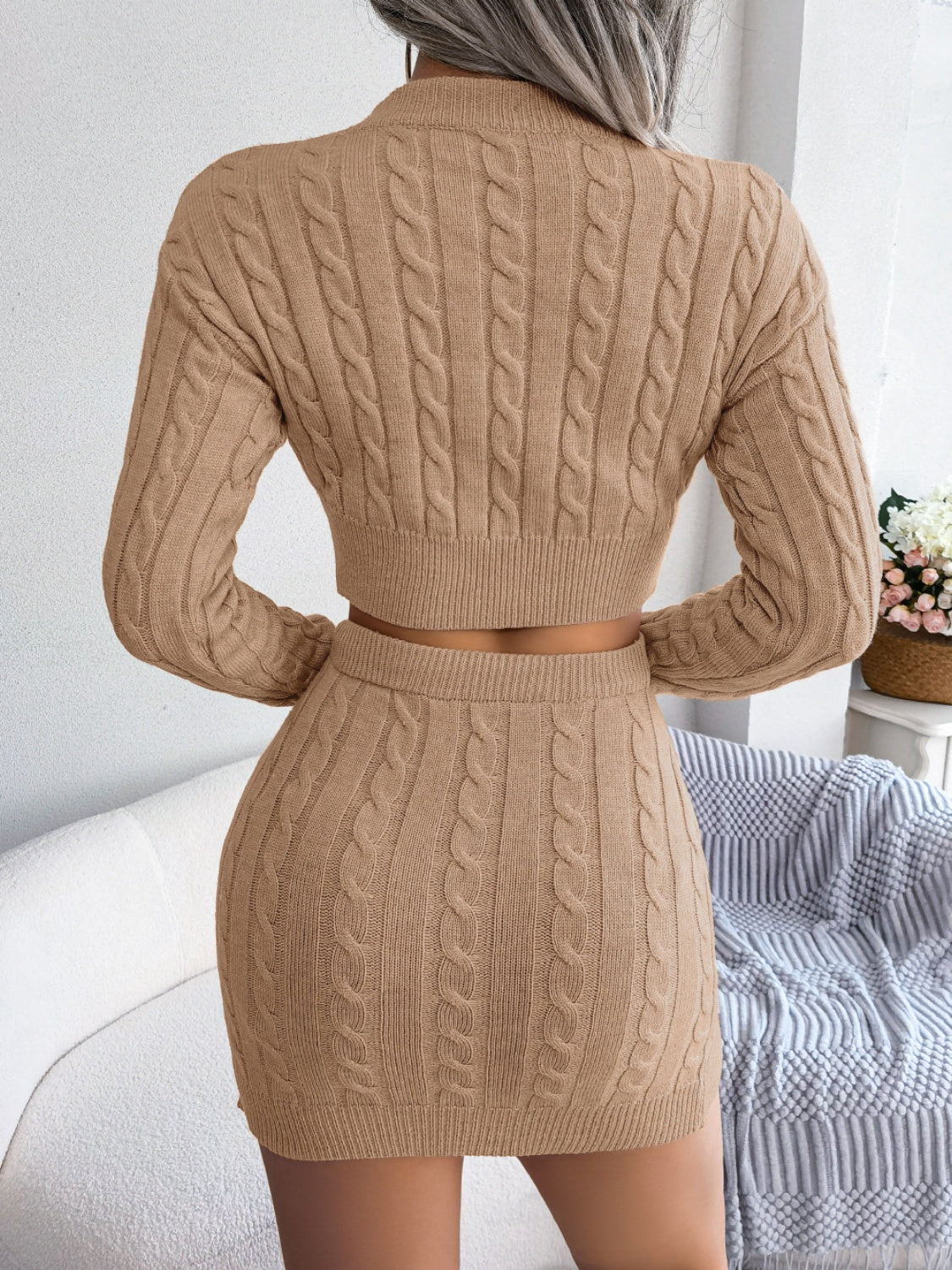 Cable-Knit Round Neck Top and Skirt Sweater Set Apparel and Accessories