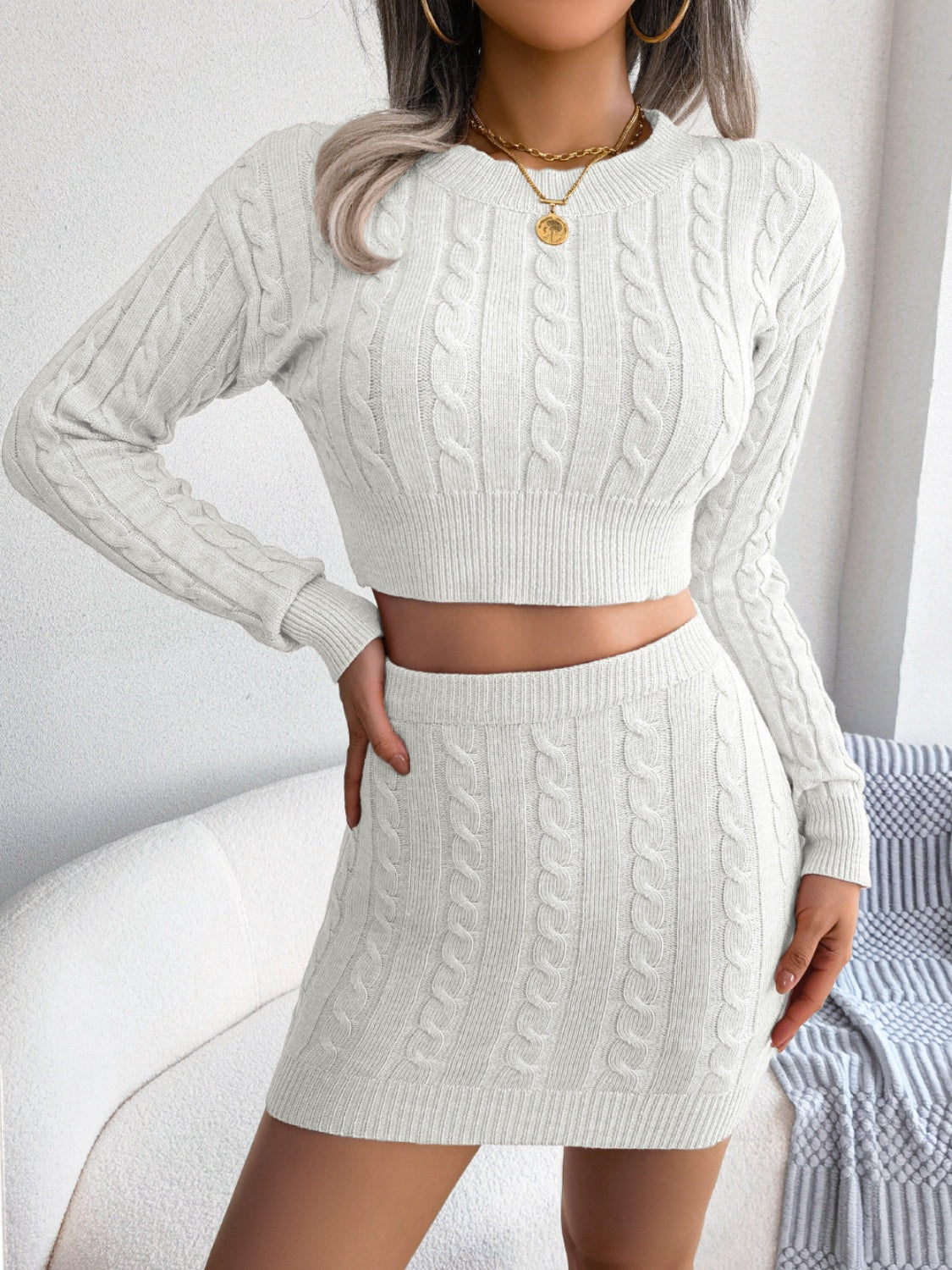 Cable-Knit Round Neck Top and Skirt Sweater Set White / S Apparel and Accessories