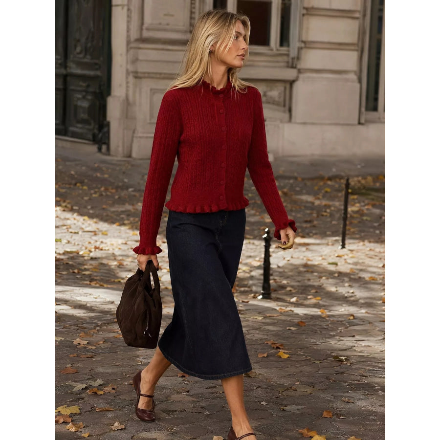Cable-Knit Ruffle-Trim Cardigan Apparel and Accessories