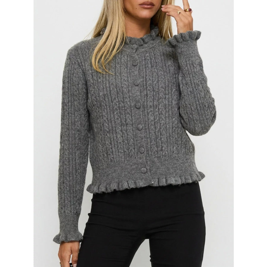 Cable-Knit Ruffle-Trim Cardigan Gray / One Size Apparel and Accessories