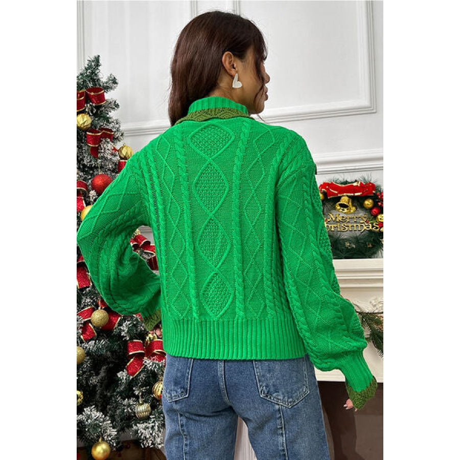 Cable-Knit Ruffled Mock Neck Lantern Sleeve Sweater Clothing