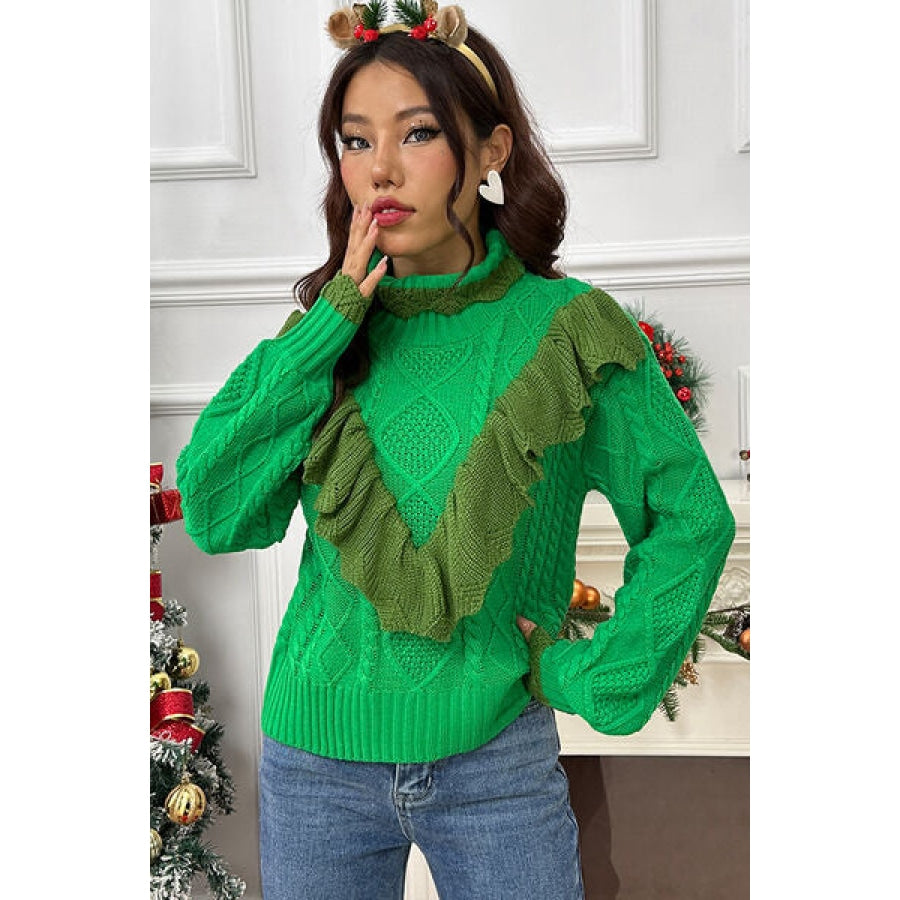 Cable-Knit Ruffled Mock Neck Lantern Sleeve Sweater Clothing