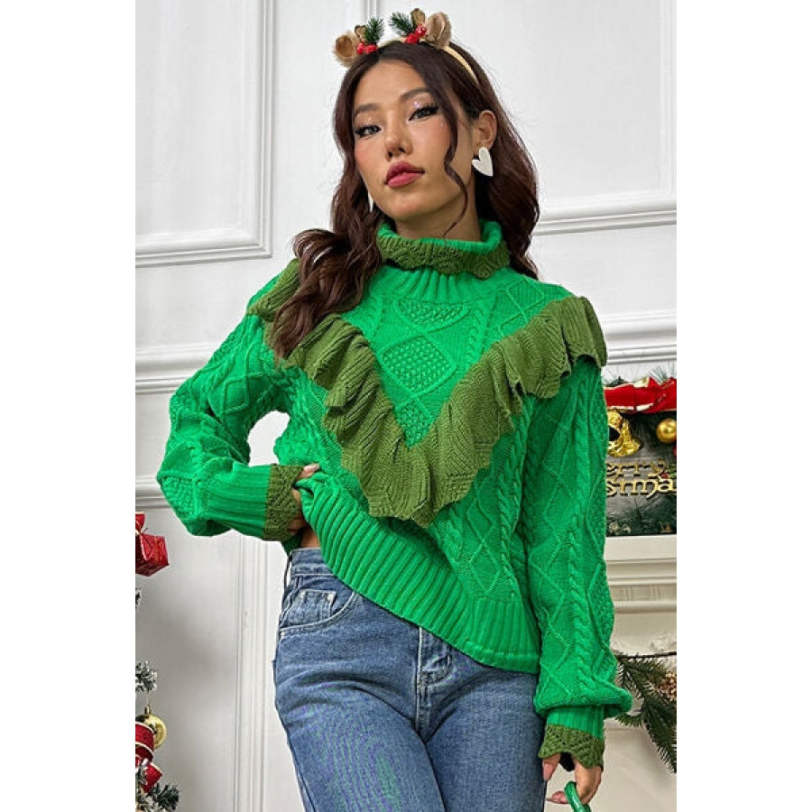 Cable-Knit Ruffled Mock Neck Lantern Sleeve Sweater Mid Green / S Clothing