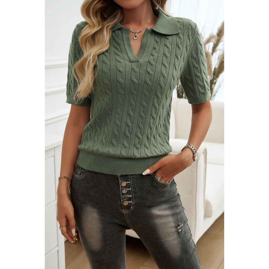 Cable-Knit Short Sleeve Sweater Army Green / S Apparel and Accessories