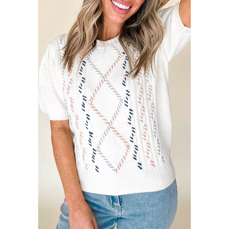 Cable Knit Short Sleeve Sweater White / S Apparel and Accessories