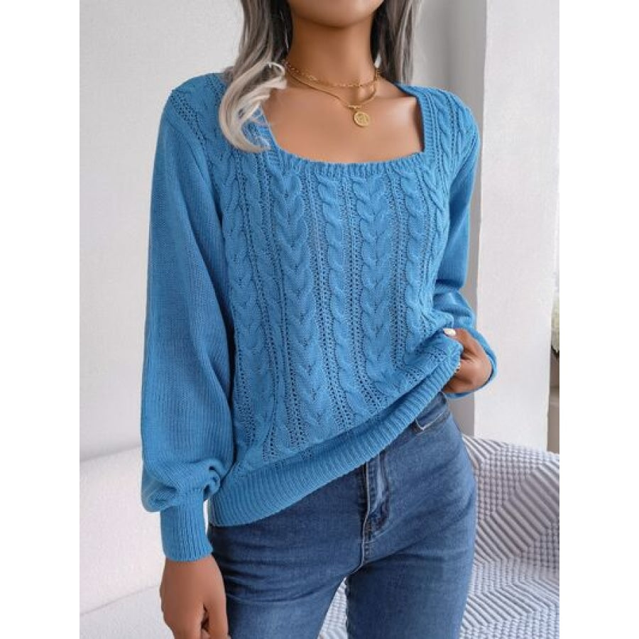 Cable-Knit Square Neck Long Sleeve Sweater Azure / S Clothing