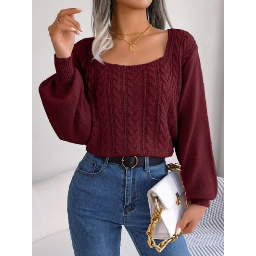 Cable-Knit Square Neck Long Sleeve Sweater Clothing