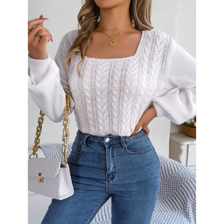 Cable-Knit Square Neck Long Sleeve Sweater Clothing