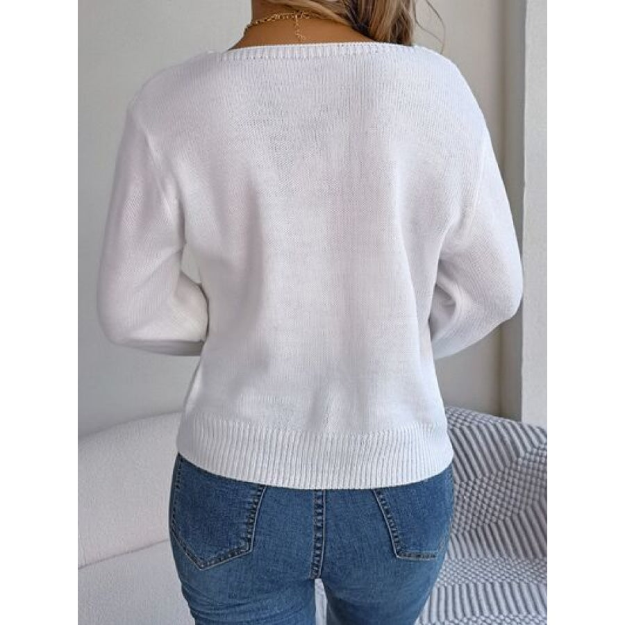 Cable-Knit Square Neck Long Sleeve Sweater White / S Clothing