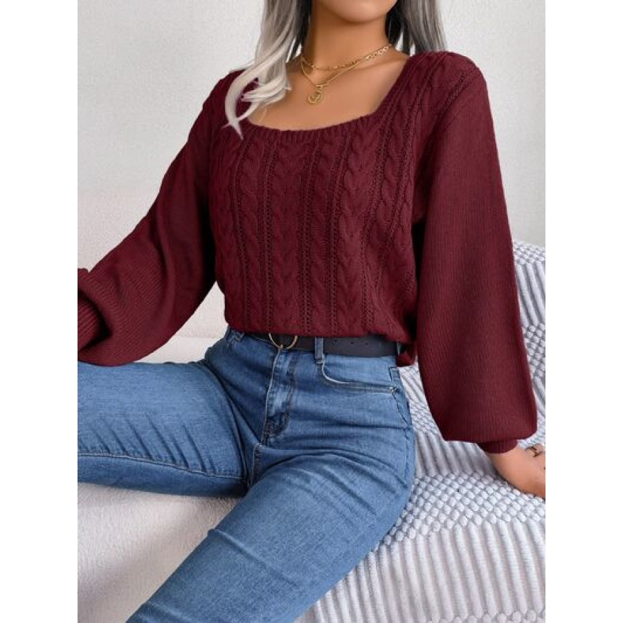 Cable-Knit Square Neck Long Sleeve Sweater Clothing