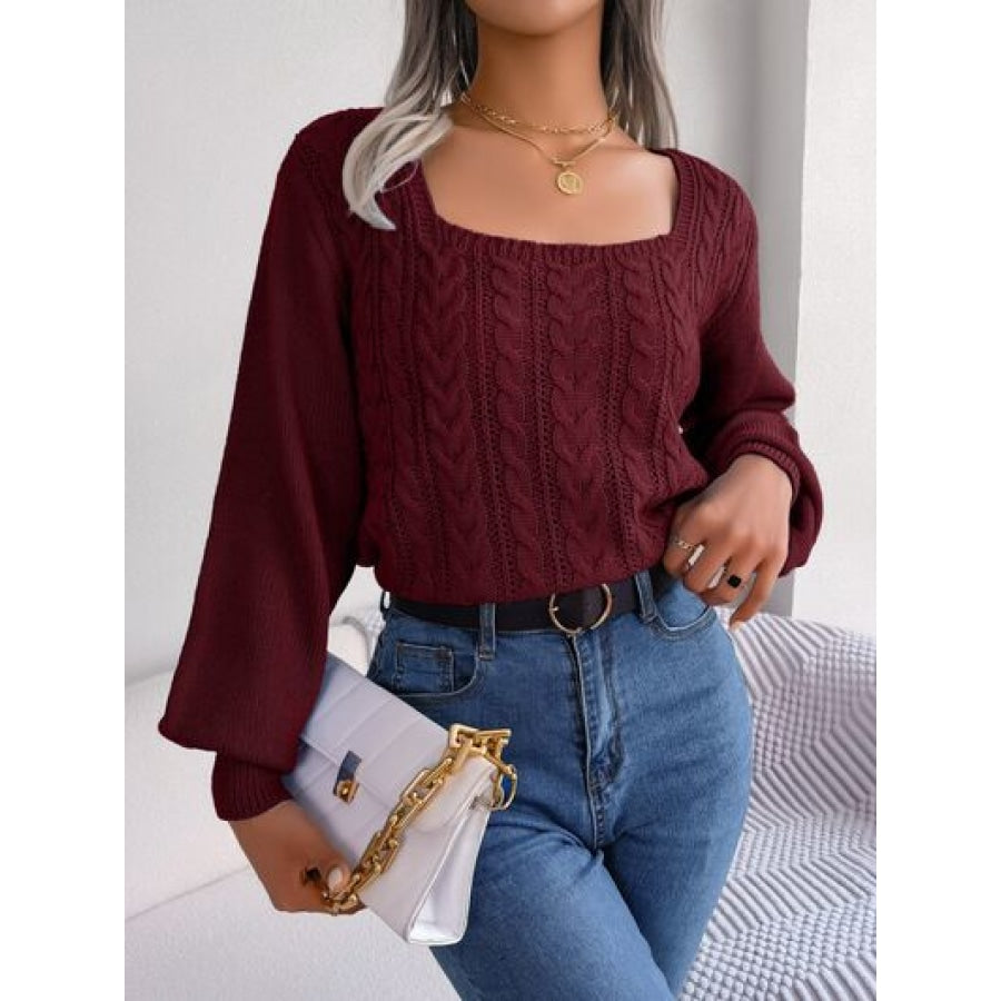 Cable-Knit Square Neck Long Sleeve Sweater Wine / S Clothing