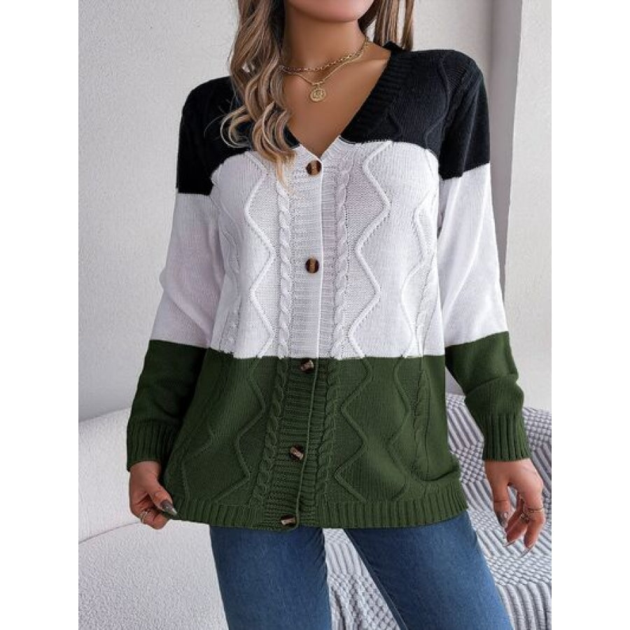 Cable-Knit Striped Button Up Cardigan Army Green / S Clothing