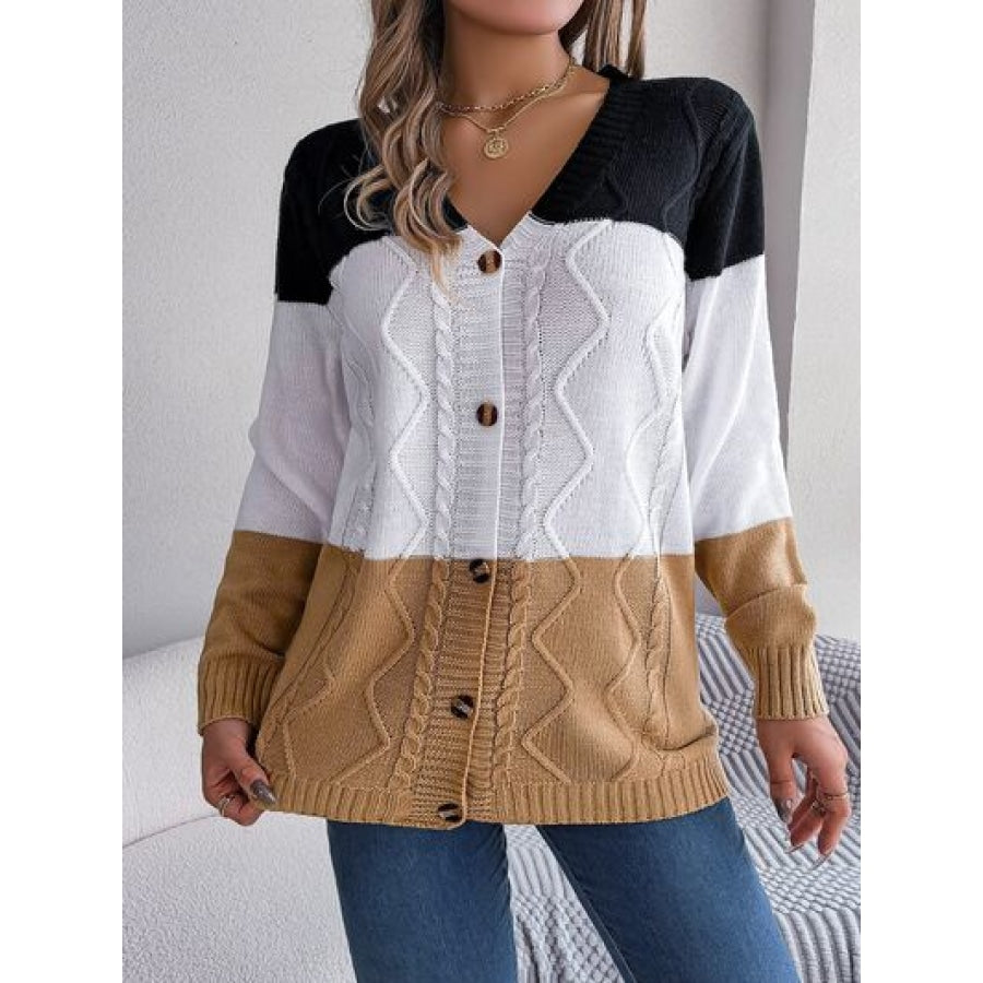 Cable-Knit Striped Button Up Cardigan Camel / S Clothing