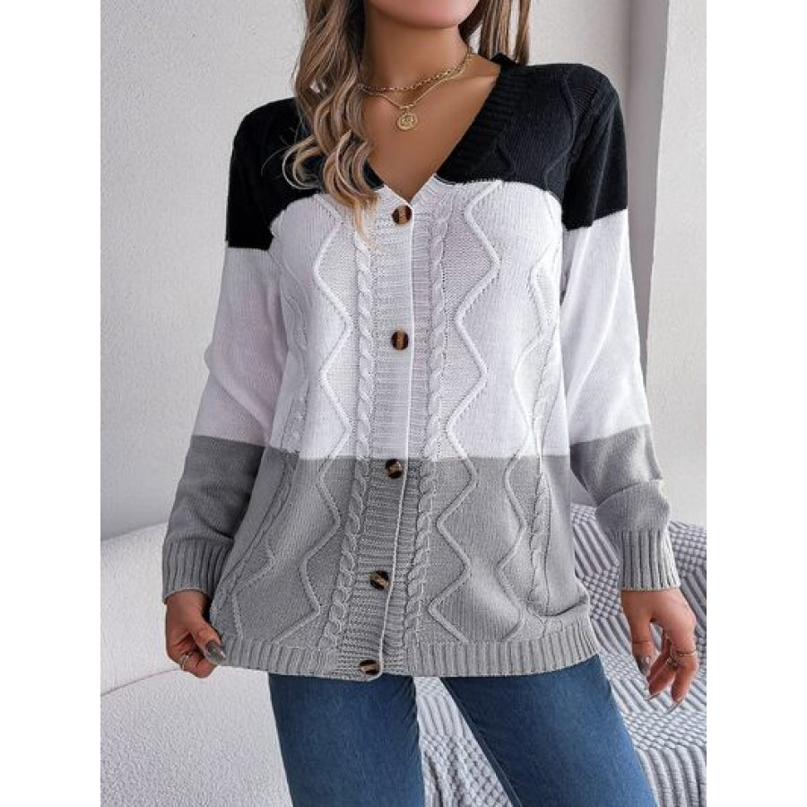 Cable-Knit Striped Button Up Cardigan Charcoal / S Clothing