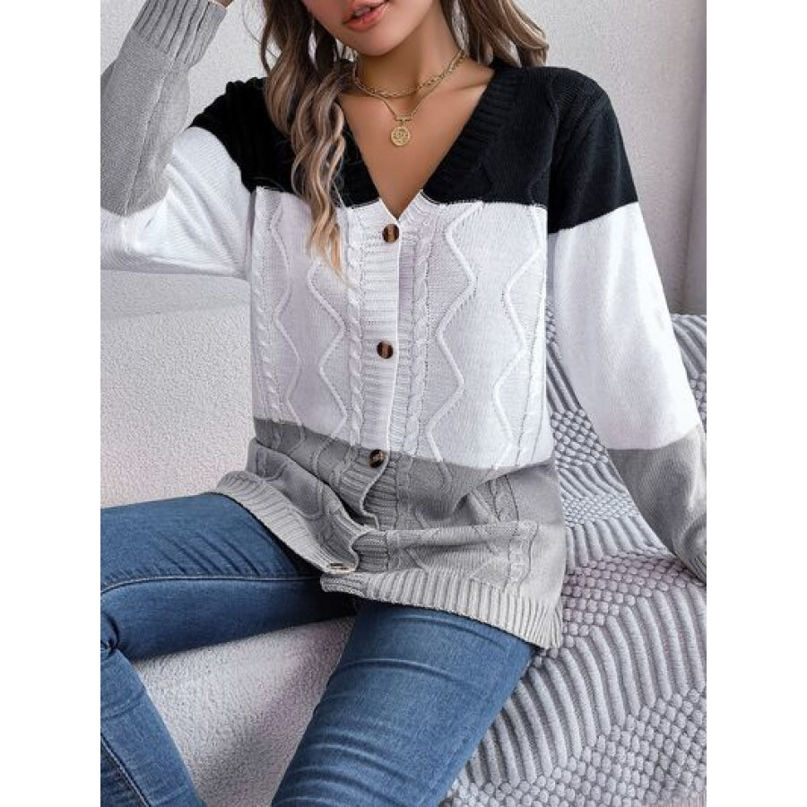 Cable-Knit Striped Button Up Cardigan Clothing