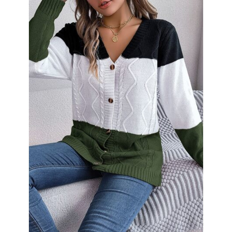 Cable-Knit Striped Button Up Cardigan Clothing