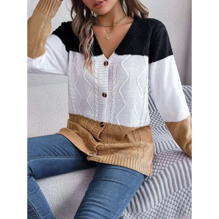 Cable-Knit Striped Button Up Cardigan Clothing