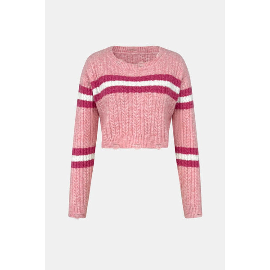Cable-Knit Striped Dropped Shoulder Sweater Dusty Pink / S Apparel and Accessories