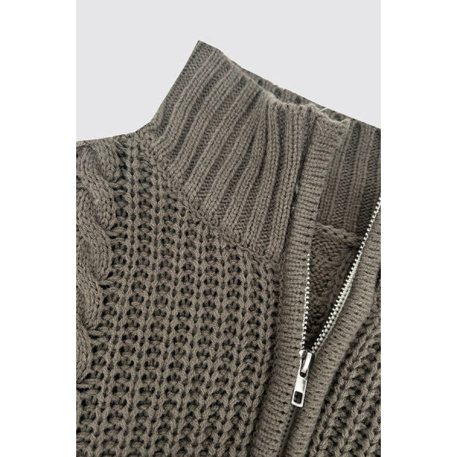 Cable-Knit Striped Quarter Zip Turtleneck Sweater Apparel and Accessories