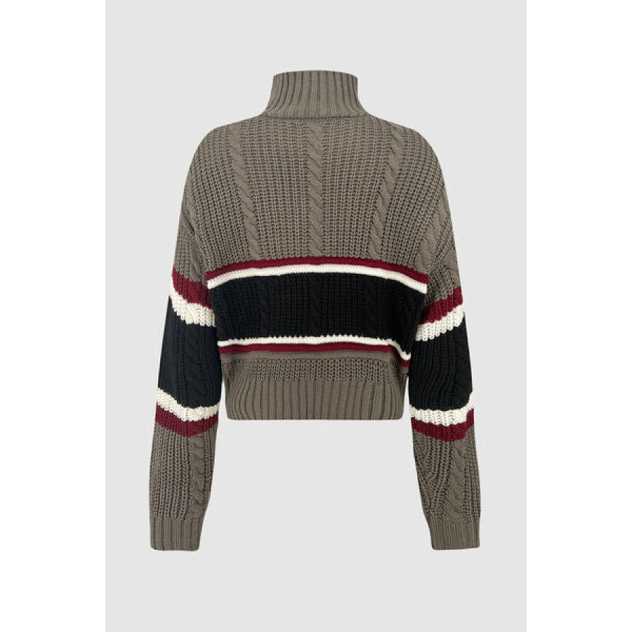 Cable-Knit Striped Quarter Zip Turtleneck Sweater Charcoal / S Apparel and Accessories
