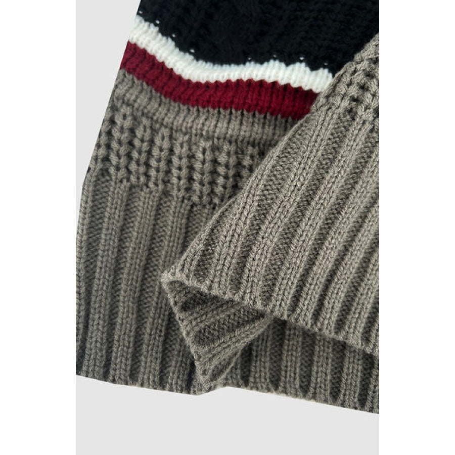 Cable-Knit Striped Quarter Zip Turtleneck Sweater Apparel and Accessories