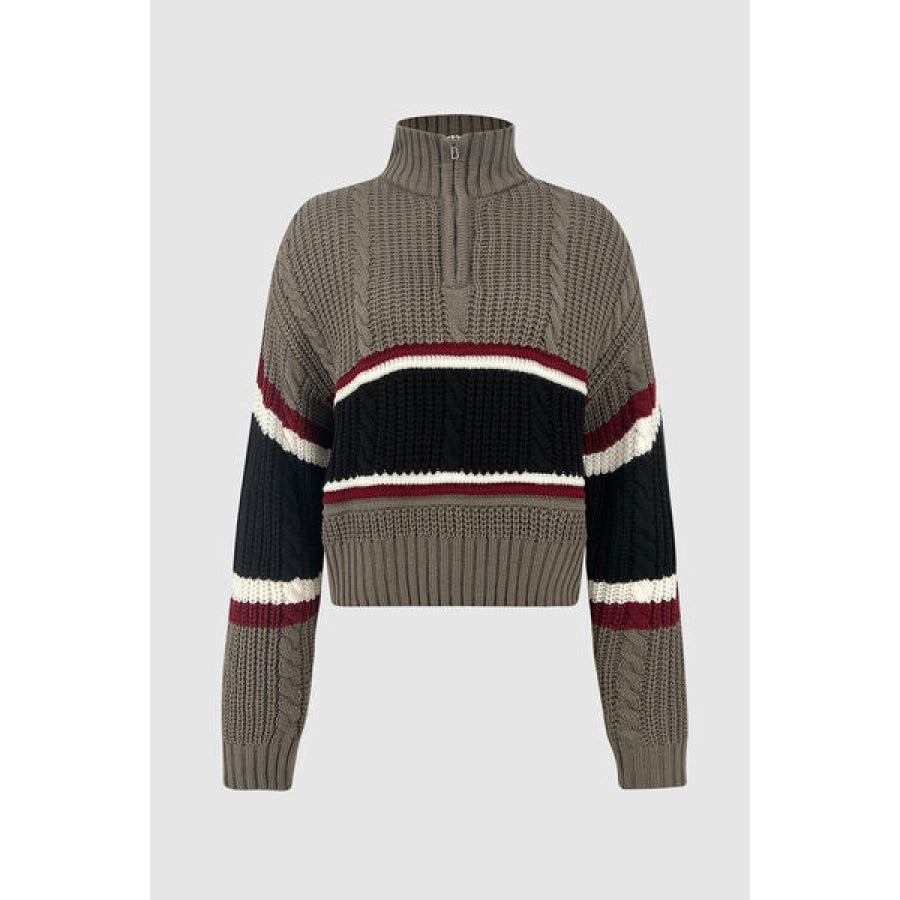 Cable-Knit Striped Quarter Zip Turtleneck Sweater Charcoal / S Apparel and Accessories