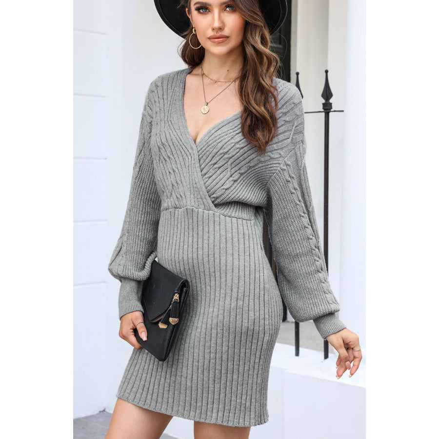 Cable-Knit Surplice Lantern Sleeve Sweater Dress Gray / S Apparel and Accessories