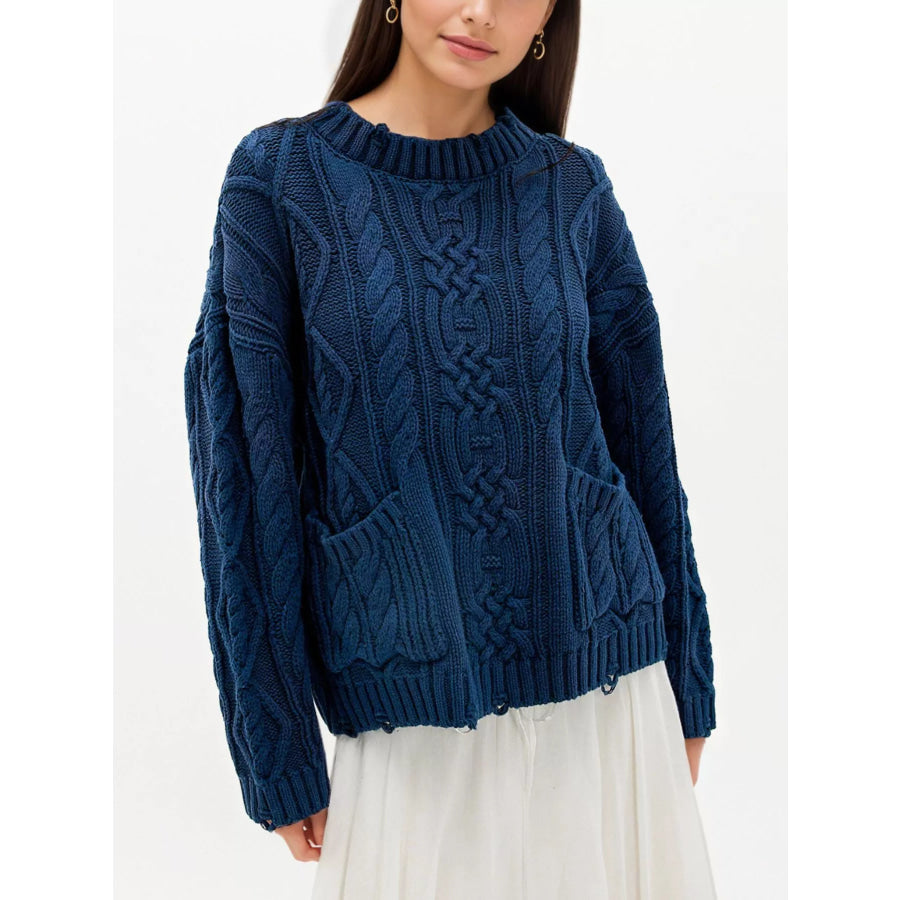 Cable-Knit Sweater with Front Pockets Blue / S Apparel and Accessories
