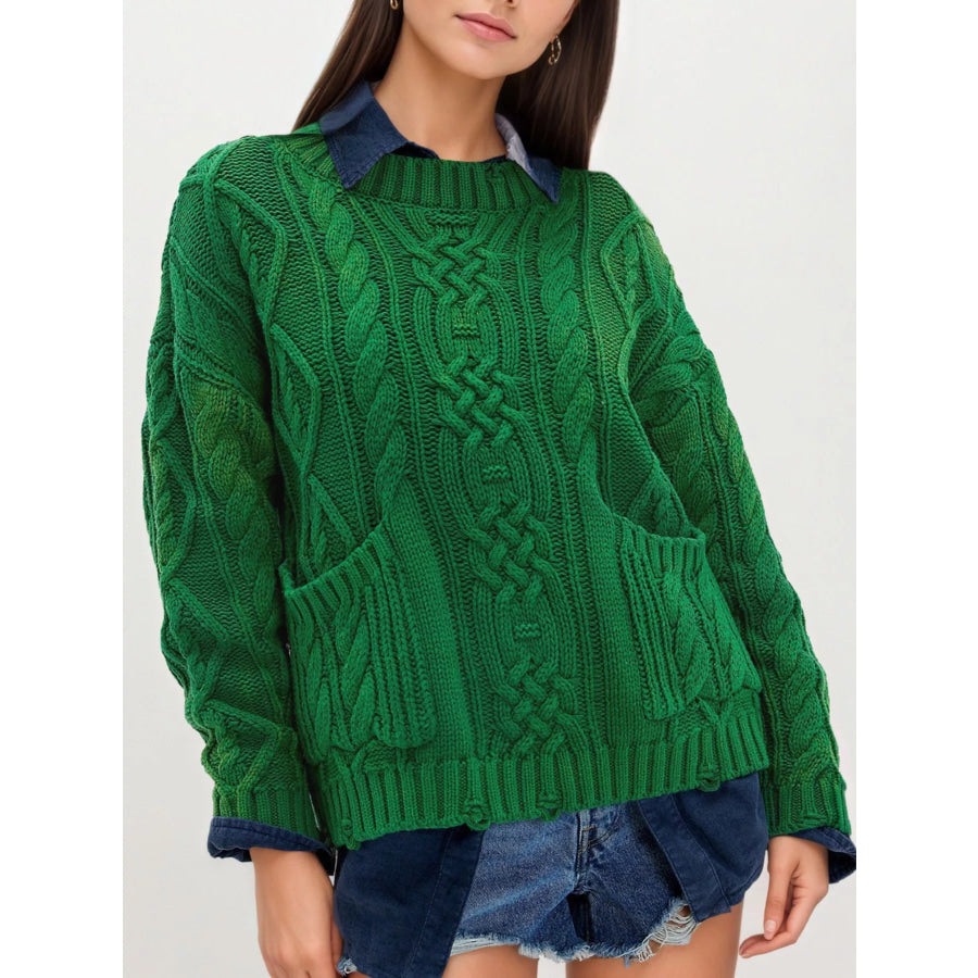 Cable-Knit Sweater with Front Pockets Green / S Apparel and Accessories