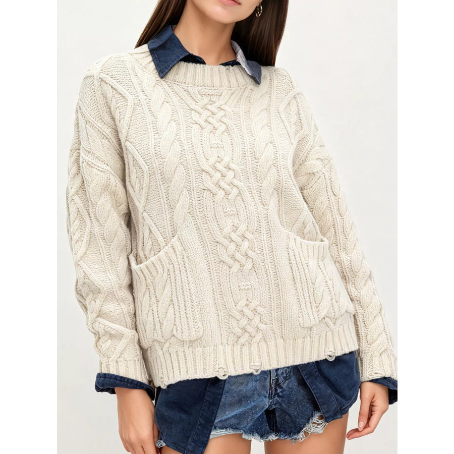 Cable-Knit Sweater with Front Pockets Ivory / S Apparel and Accessories